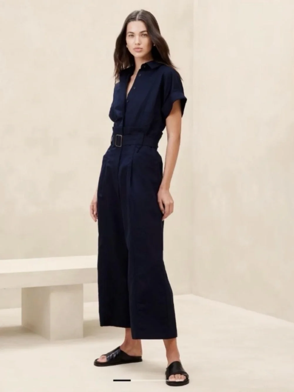 Banana Republic Wide Leg Belted Linen/Canvas Navy Utility Jumpsuit
